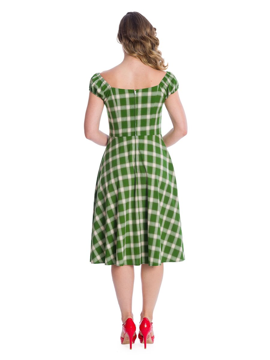 Banned Retro Sail Check Marilyn Off The Shoulder Dress Green