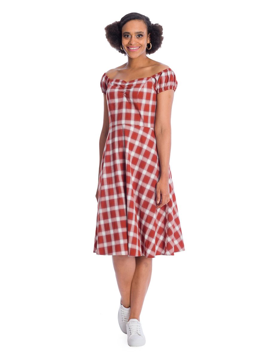 Banned Retro Sail Check Marilyn Off The Shoulder Dress Red