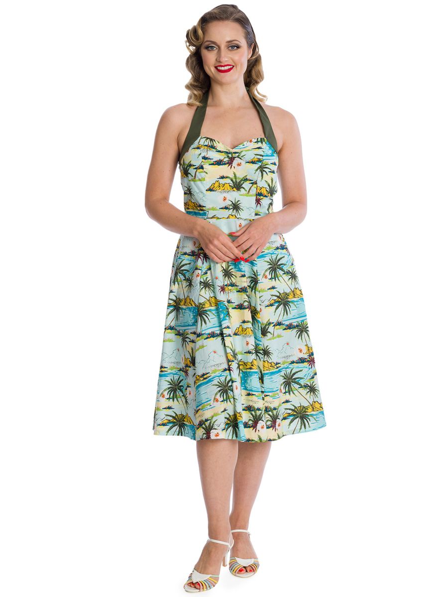 Banned Retro Mustang Sally Tropical Palms Halter Dress