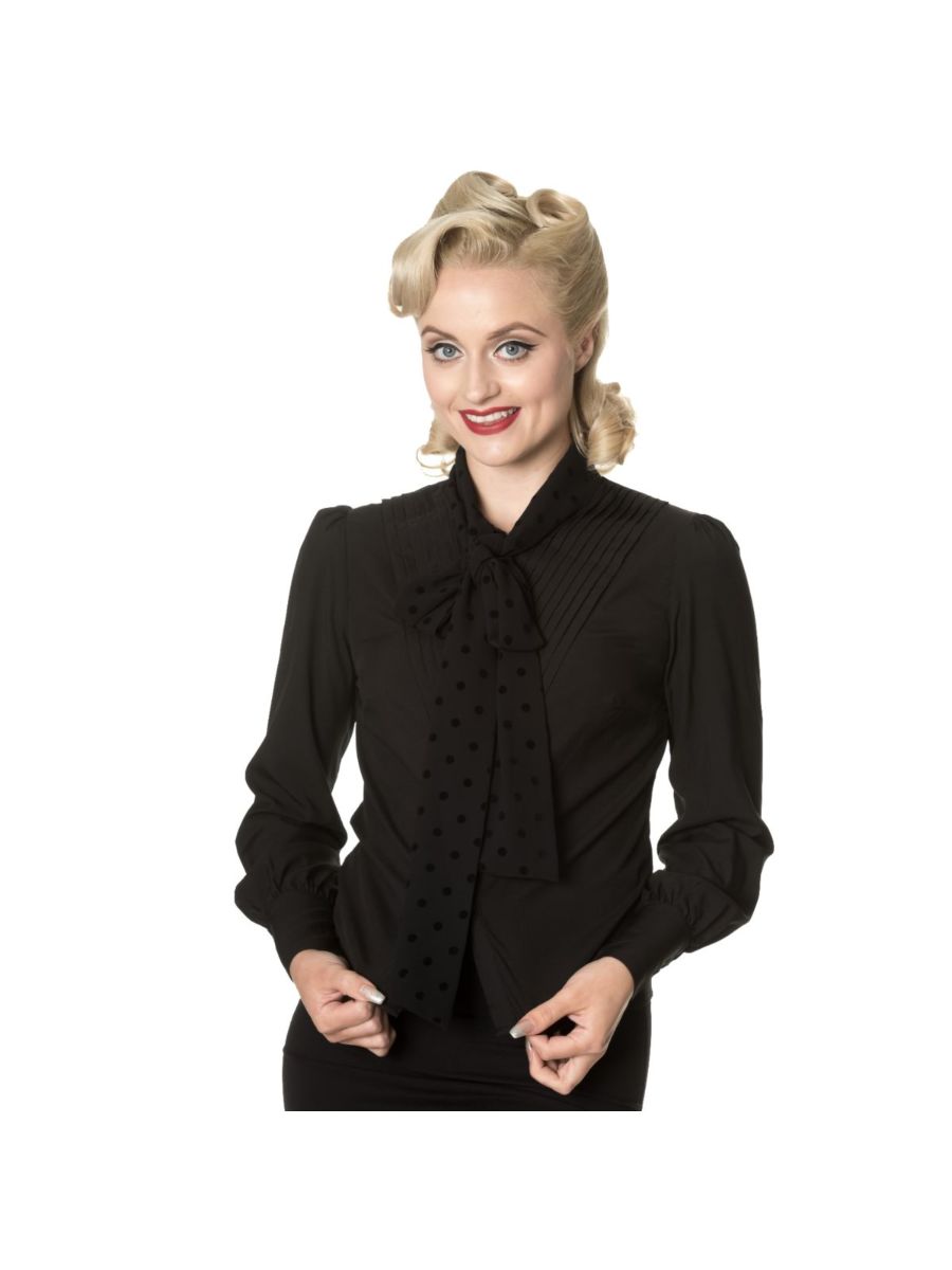 Banned Retro Sent With Love Polka Dot Tie Neck Blouse Black