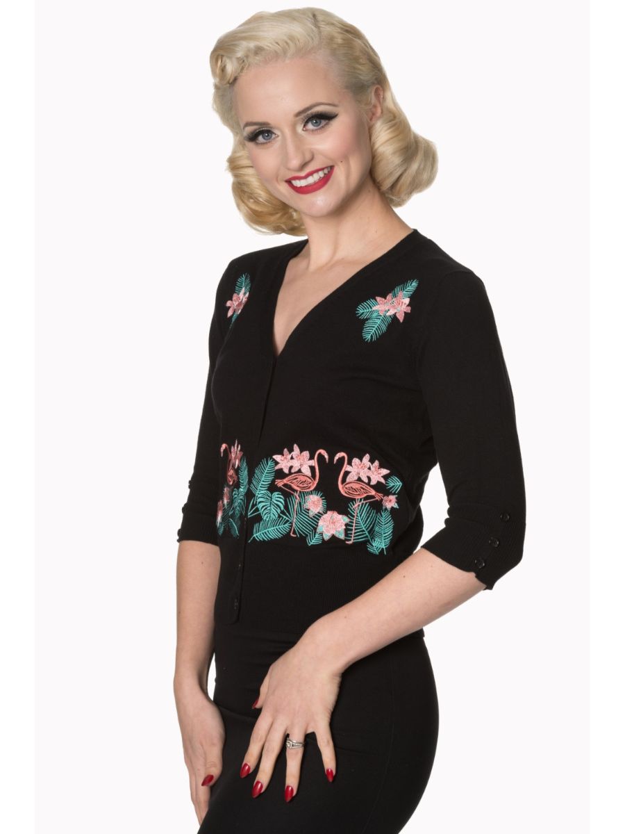 Banned Retro 1950's Face To Face Flamingo Cropped Vintage Cardigan Black