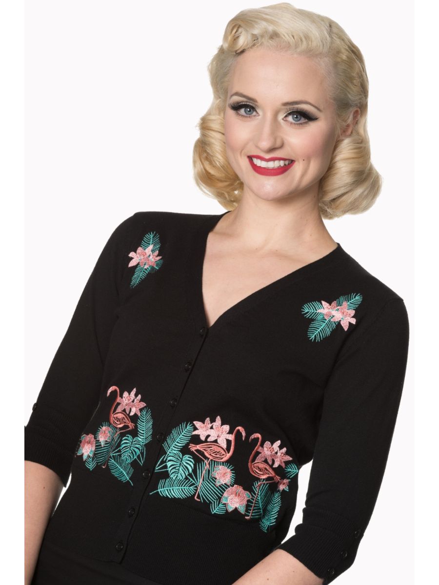 Banned Retro 1950's Face To Face Flamingo Cropped Vintage Cardigan Black