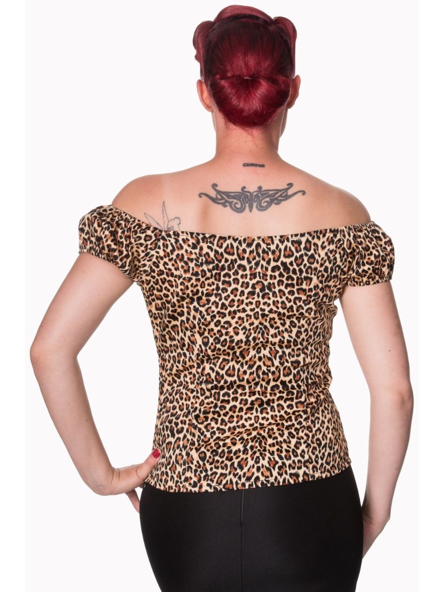 Banned Retro Rocky Leopard Print Off Shoulder Rockabilly Bardot Top