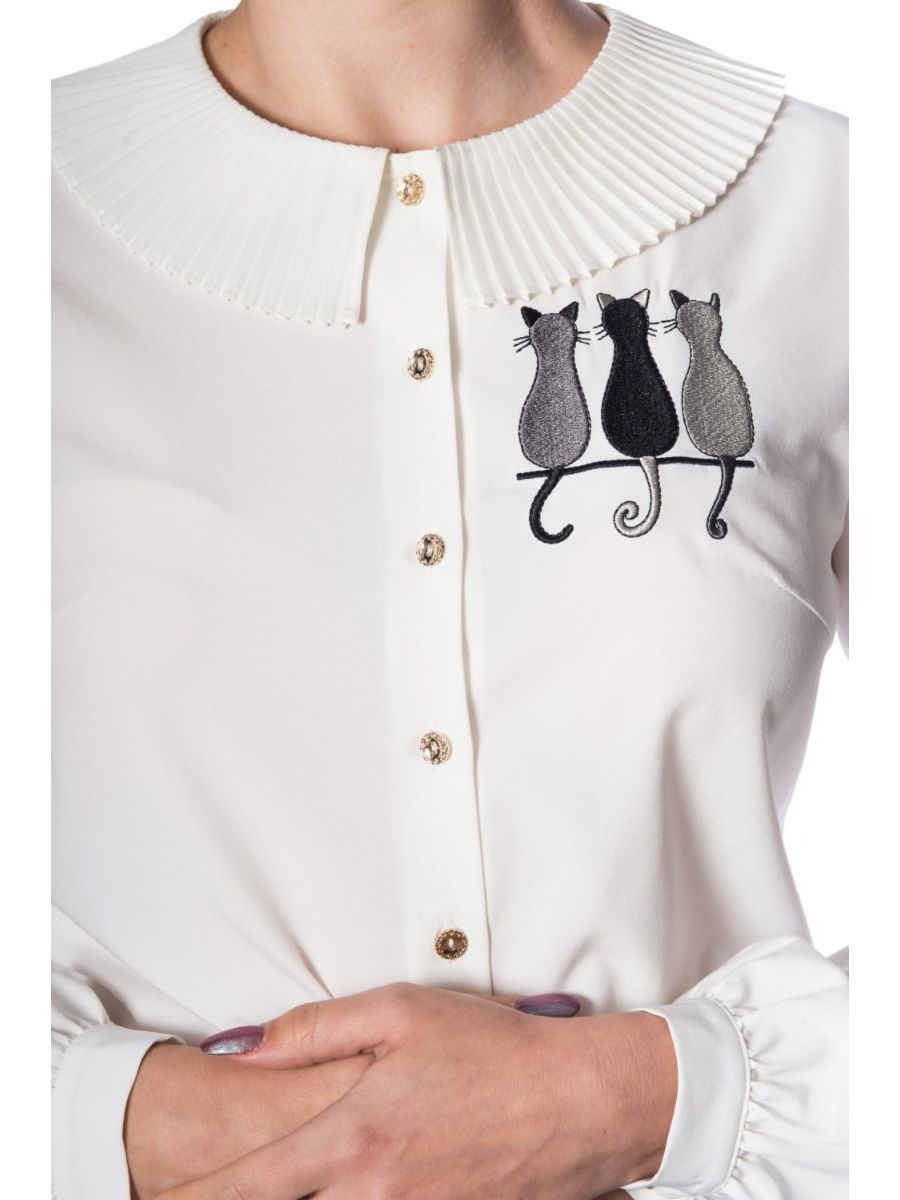 Banned Retro 1950's Creative Cat Vintage Pleated Peter Pan Collar Blouse White