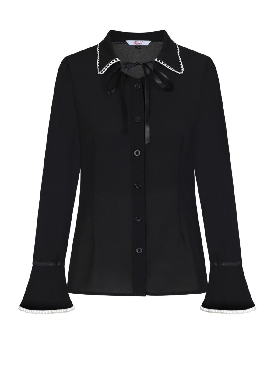 Banned Retro 1950's Caroline Peter Pan Lattice Trim Collar Bell Sleeve Vintage Blouse Black