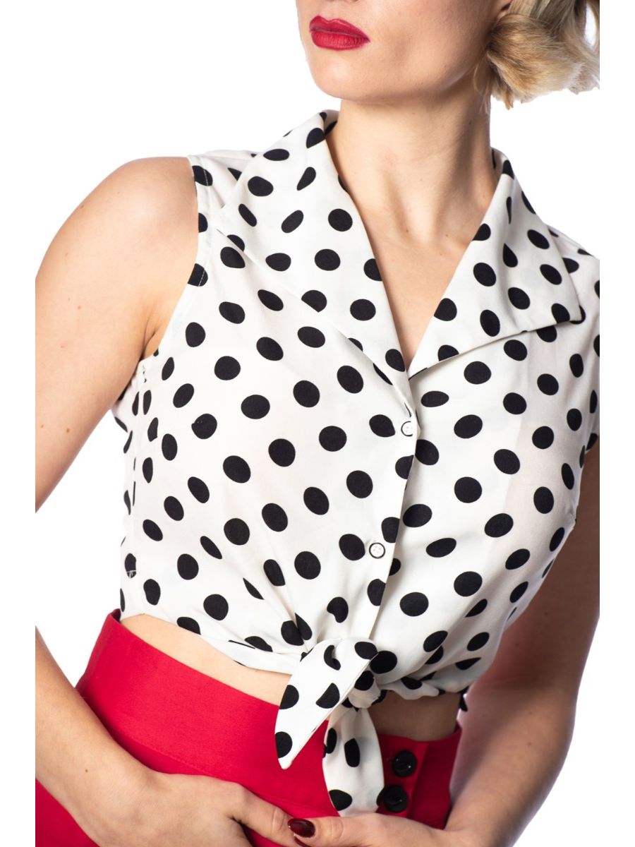 Banned Retro 1950's Black Polka Dot Love Tie Up Crop Top Blouse White