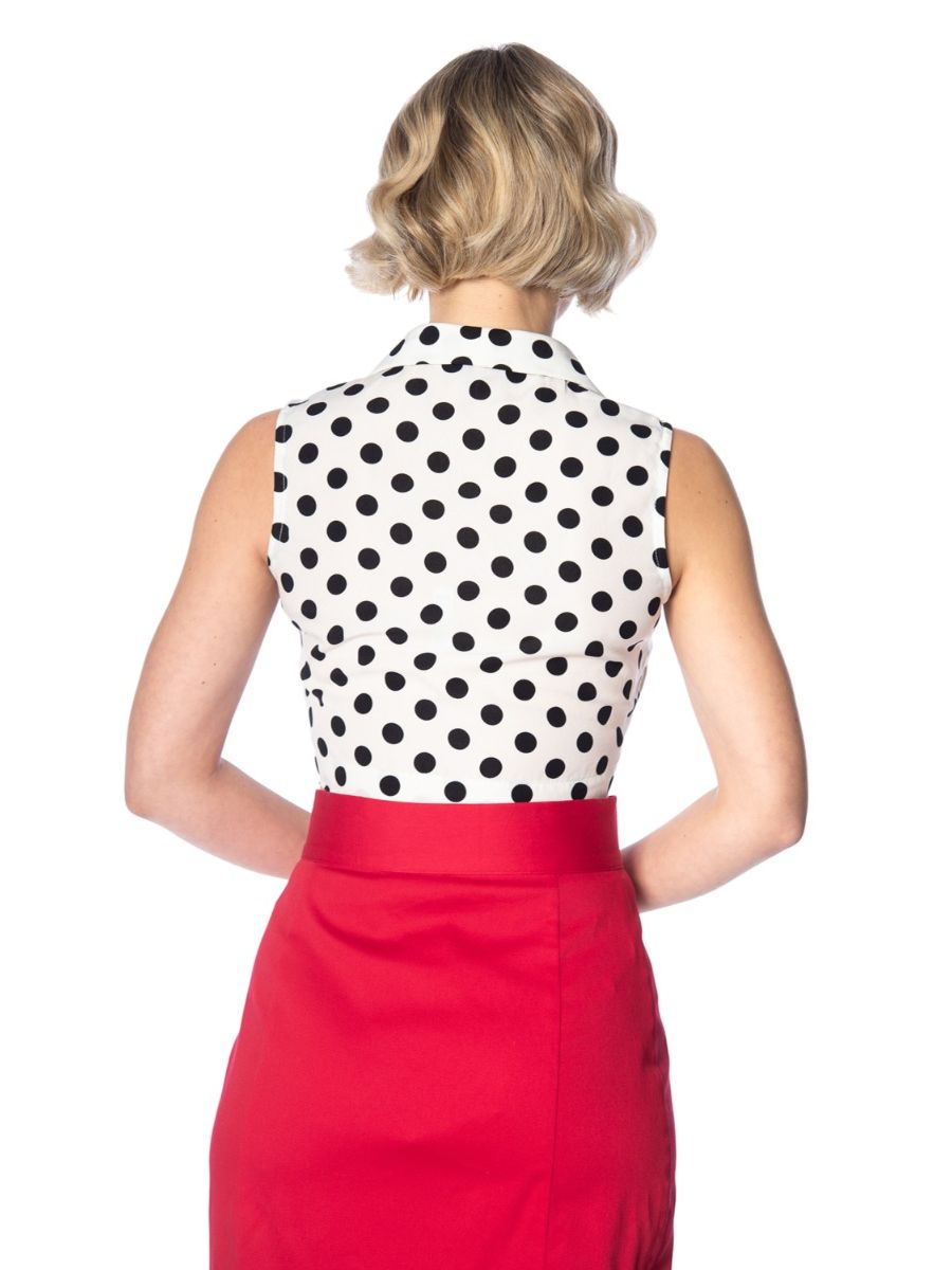 Banned Retro 1950's Black Polka Dot Love Tie Up Crop Top Blouse White