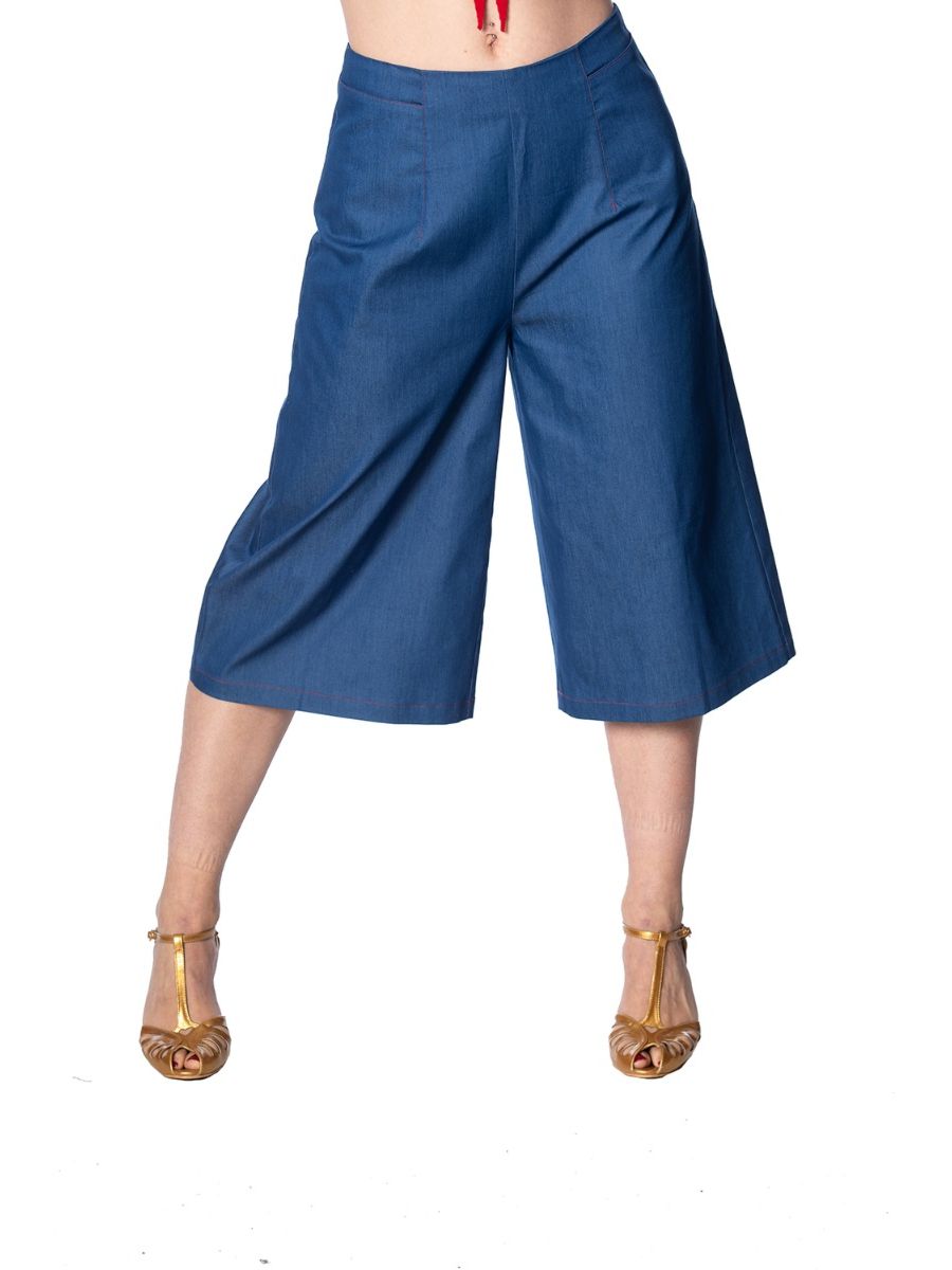Banned Retro Happy Summer Wide Leg High Waist Culottes Denim Blue
