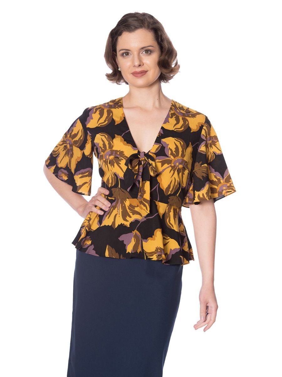 Banned Retro 1950's Polly Vintage Floral Flare Sleeve Peplum Top Mustard