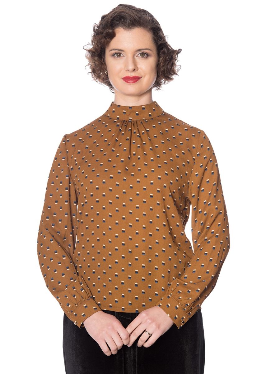 Banned Retro 20's Funnel High Neck Blouson Sleeve Vintage Top Brown 