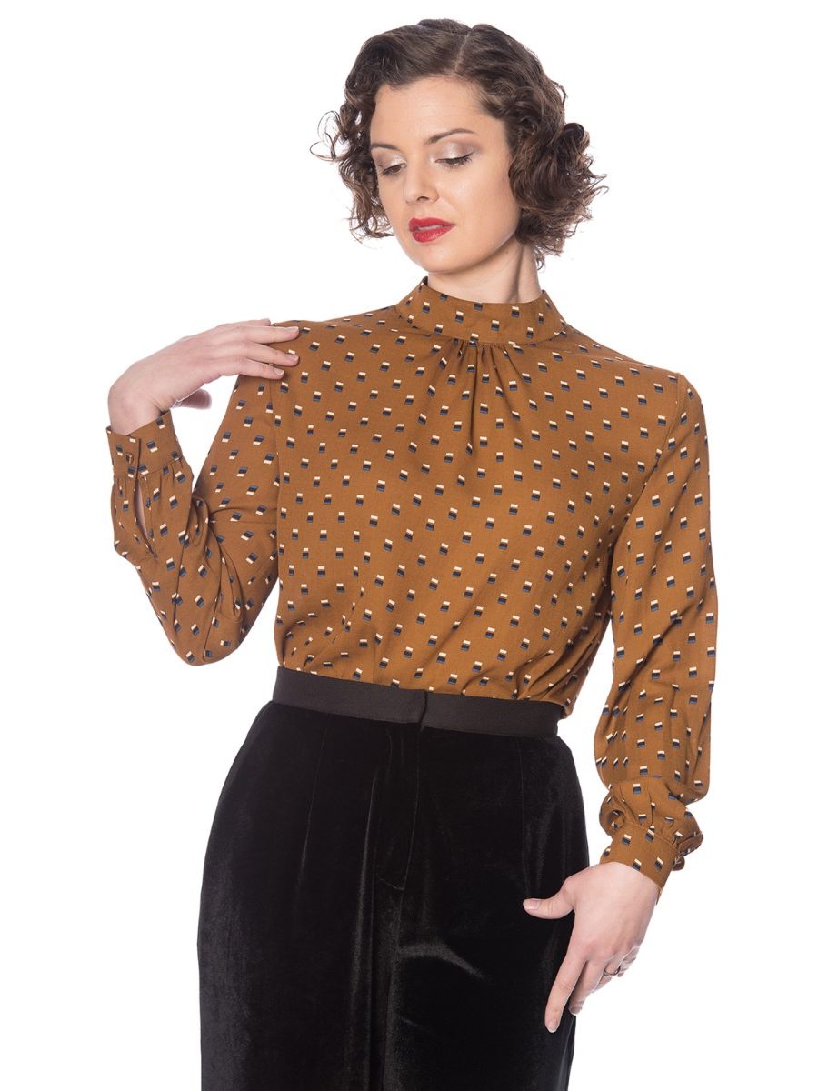 Banned Retro 20's Funnel High Neck Blouson Sleeve Vintage Top Brown 