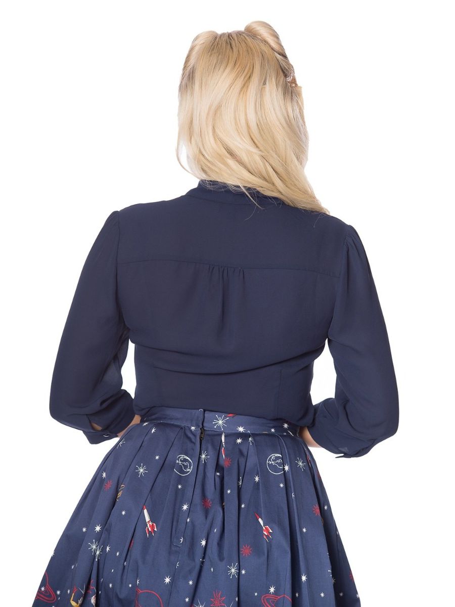 Banned Retro 1950's Perfect Pussy Bow Vintage Bell Sleeve Blouse Navy