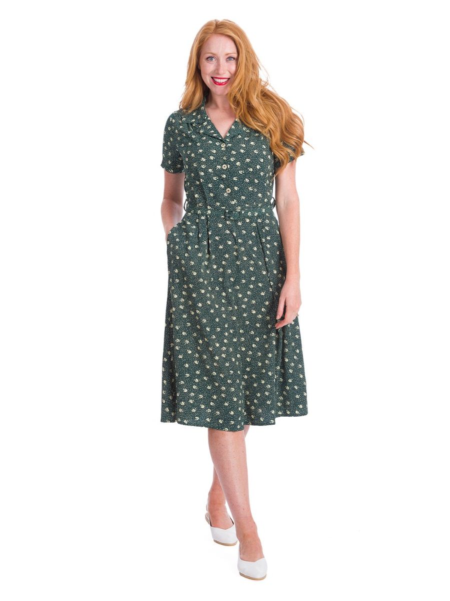 Banned Retro 1950's Lady Pearl Spotty Midi Vintage Shirt Dress With Pockets Green