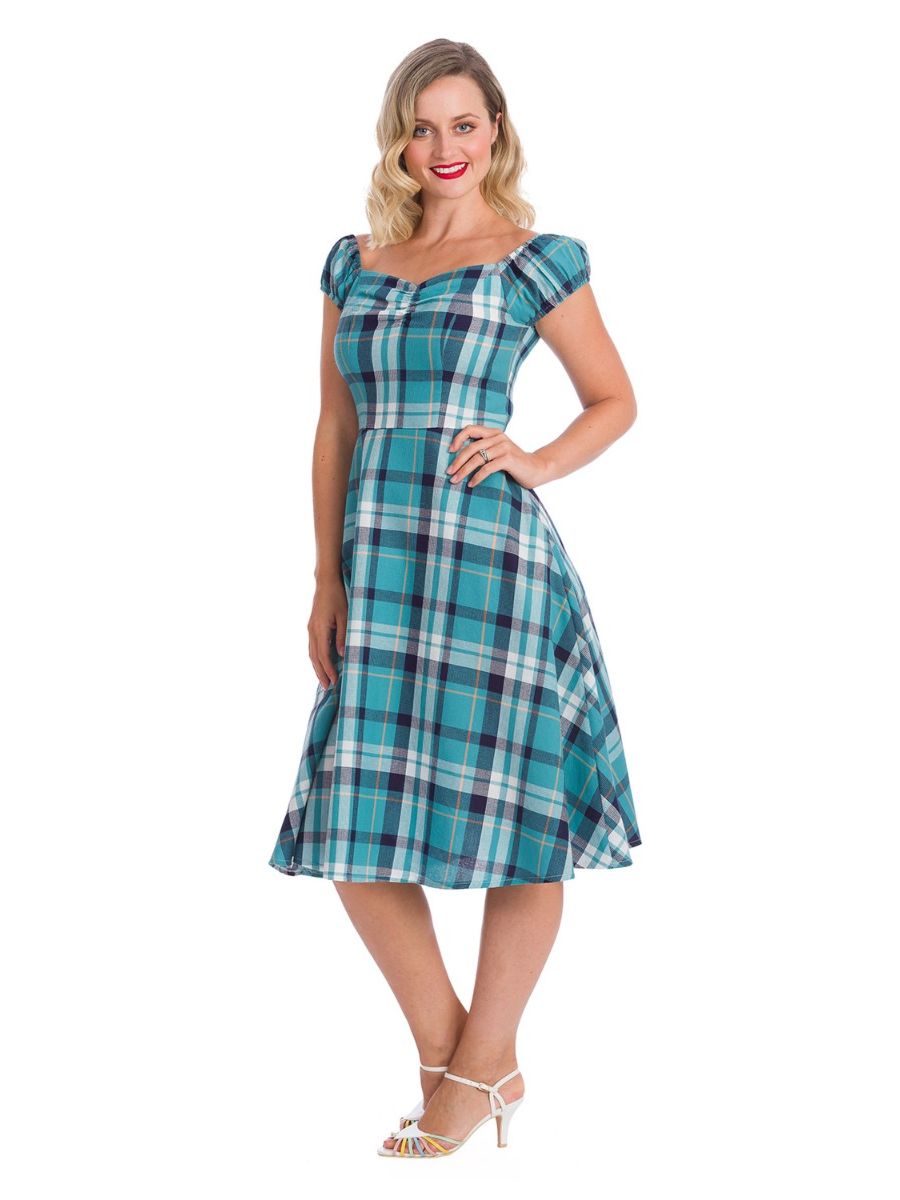 Banned Retro 1950s Treat Me Fit & Flare Check Vintage Dress With Pockets Blue
