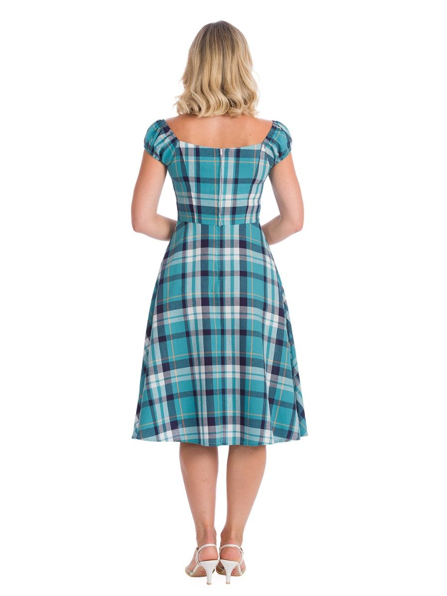 Banned Retro 1950s Treat Me Fit & Flare Check Vintage Dress With Pockets Blue