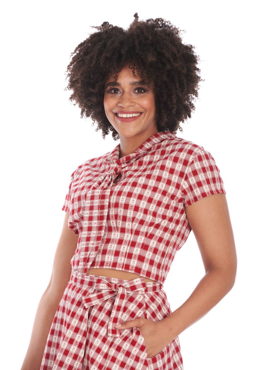 CHERRY CHECK BLOUSE-Red