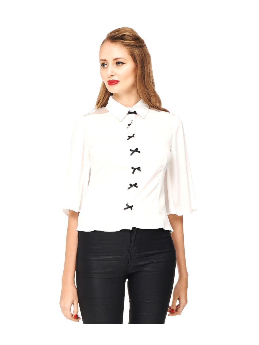 Banned Retro Bows Delight Flare Sleeve Blouse Off White