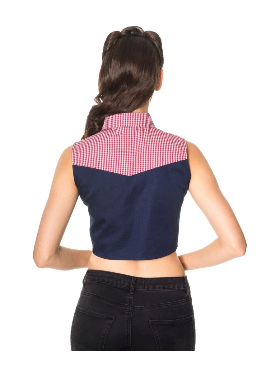 Banned Retro 1950's  J'adore Tie Up Crop Gingham Check Denim Blouse Navy 