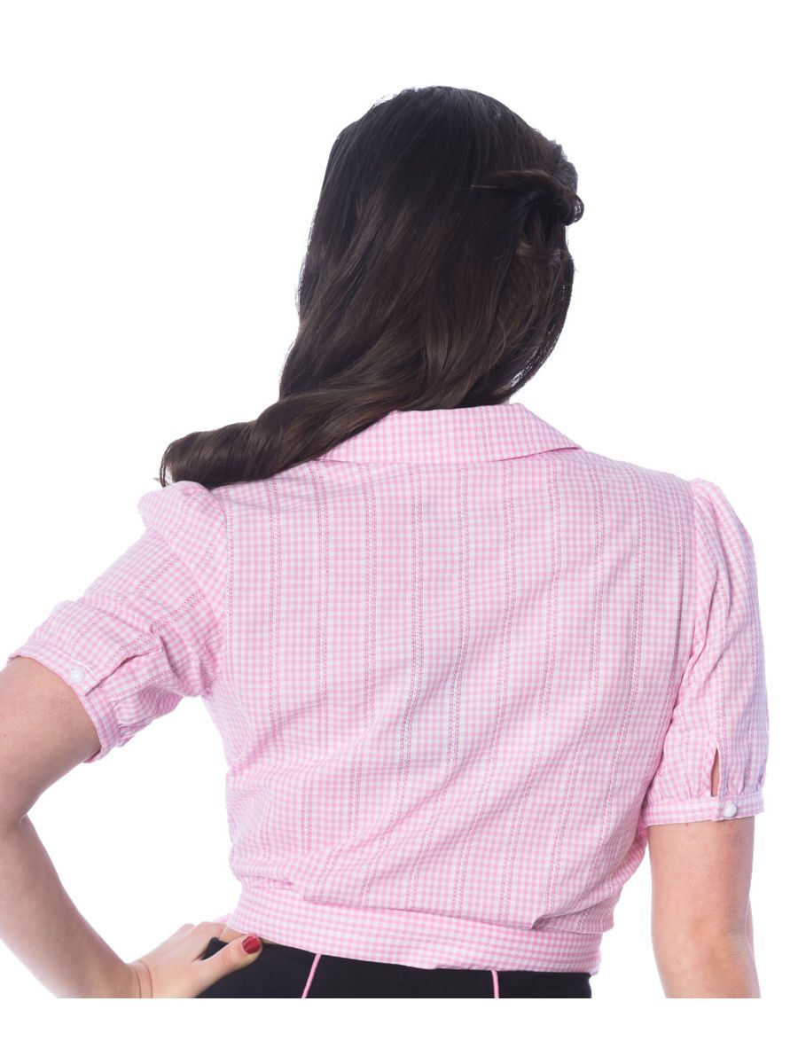 Banned Retro 1950's Grease Gingham Check Wrap Crop Blouse Pink