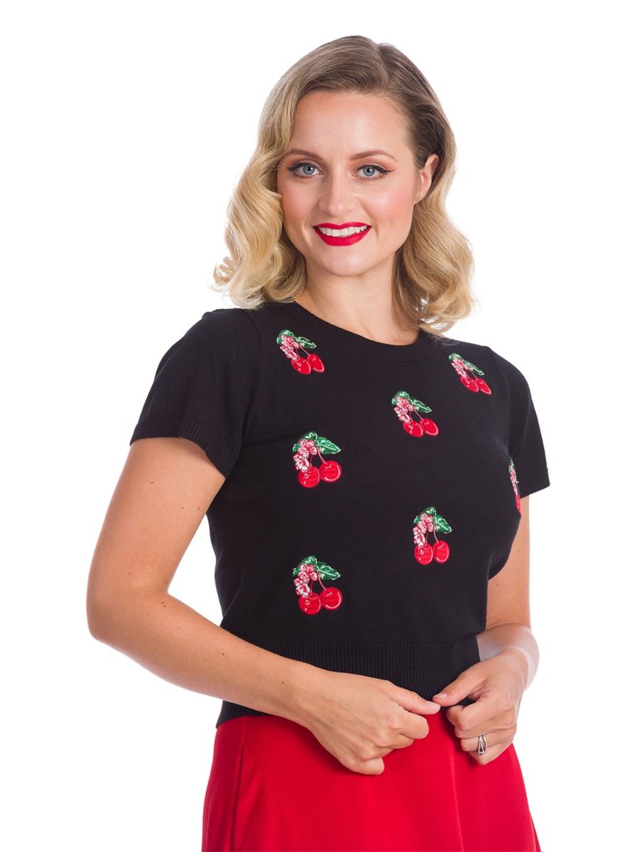 Banned Retro 1950's Cherry Berry Embroidery Ruby Black Jumper