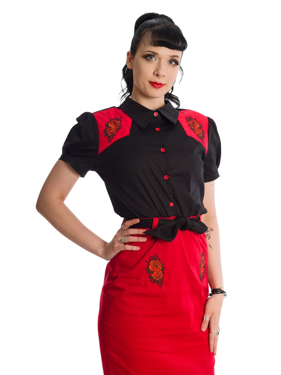 Rockabilly Retro Blooming Rose Contrast Panel Shirt by Banned Retro