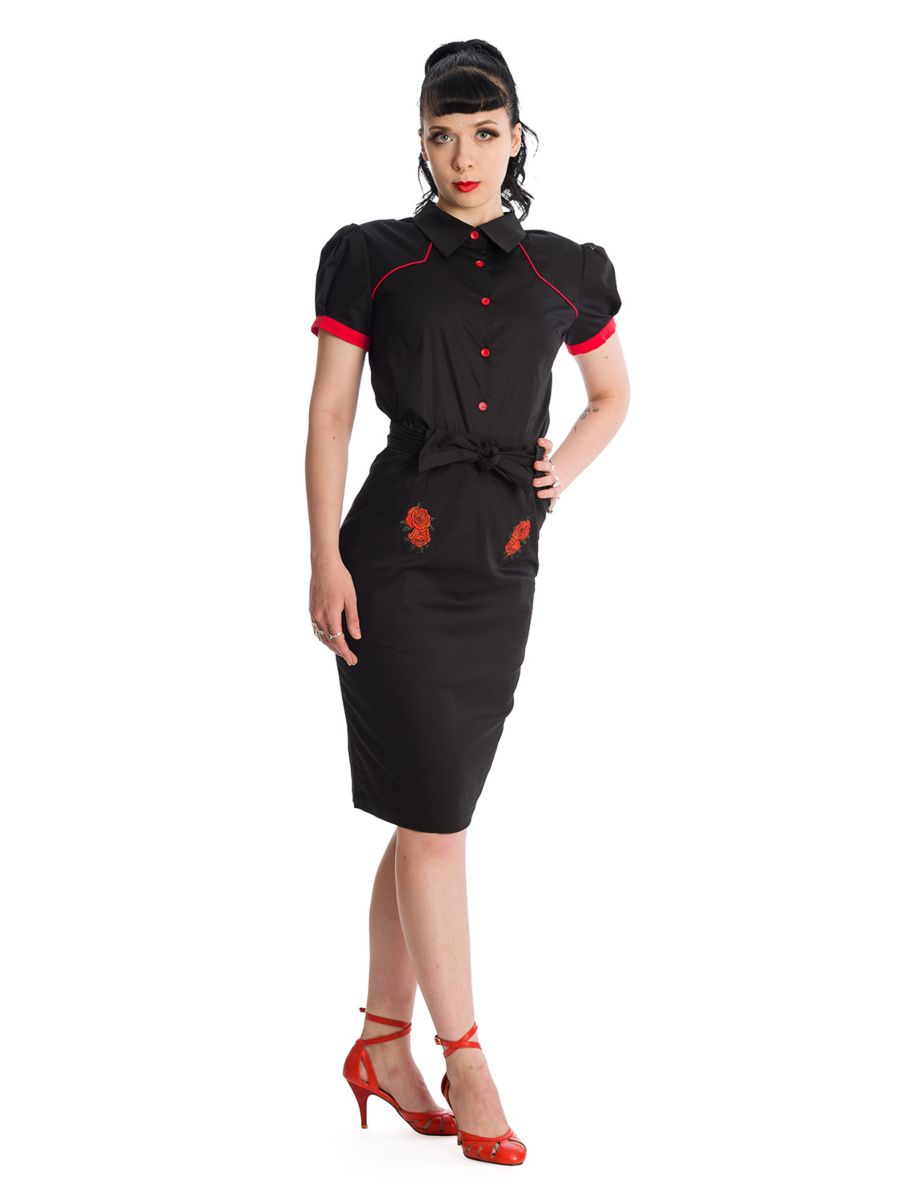 Banned Retro Blooming Rose Rockabilly Pencil Skirt Black