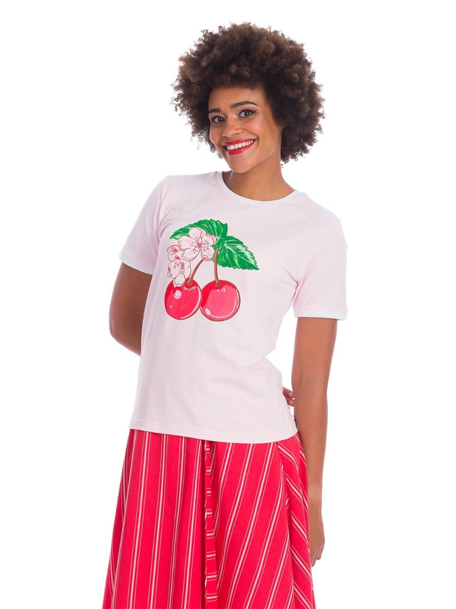 Banned Retro 70's Merry Cherry Dreams Didi Crew Neck Vintage T-Shirt Blush Pink