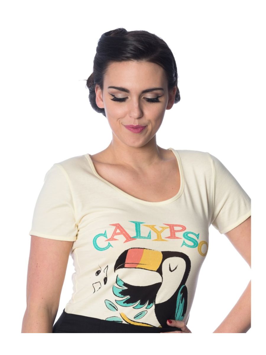 Banned Retro Tropical Calypso Paradiso Toucan Didi Vintage T-Shirt Cream