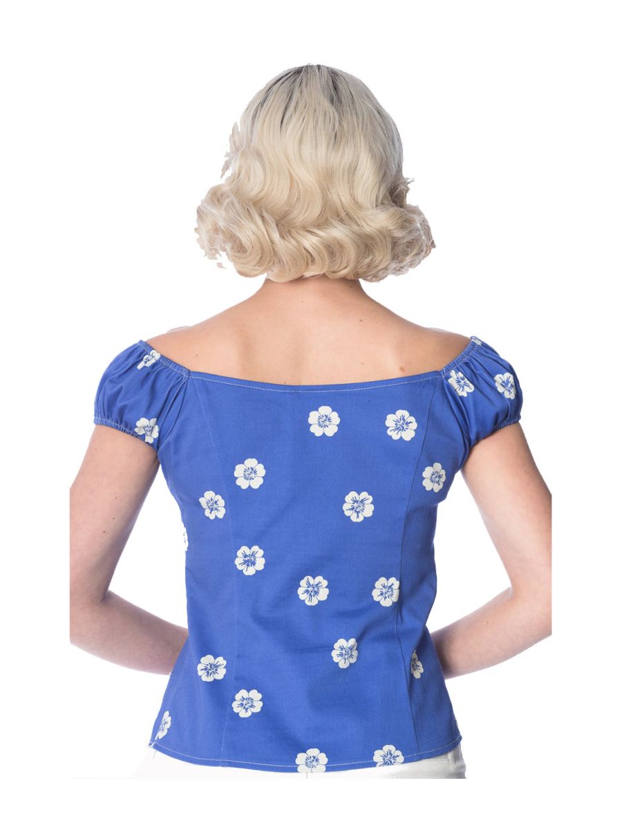 Banned Retro 1950's Tutti Fruity Flower Floral Off Shoulder Top Blue